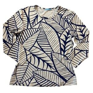 J. McLaughlin Women’s Top Small Navy Blue‎ Leaf Print Long Sleeve Stretch Shirt